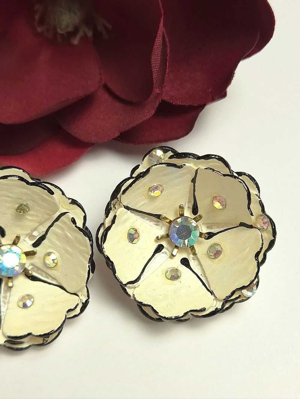 Vintage Handmade Acrylic Flower Petal Aurora Borealis Crystal Earrings Clip On